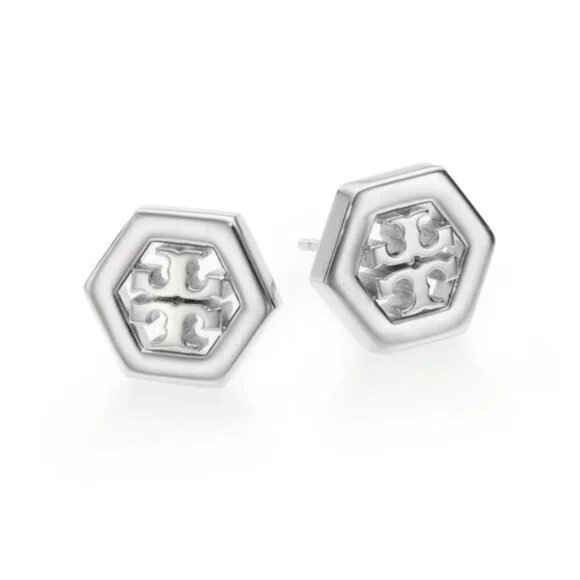 Tory Burch Silver Hexagon Logo Stud Earrings - Picture 3 of 3